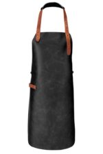 Classic leather apron worn by man – close-up of hip buckle strap and towel holder