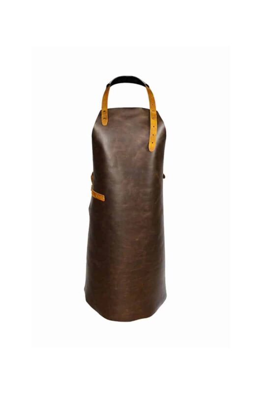 Classic leather apron in dark brown – front view showing full-length apron with buckle straps by Genuine Strap