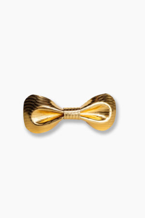 Gold metallic leather bow tie with a herringbone texture pattern on a white background, showcasing the sculpted butterfly shape and reflective finish.