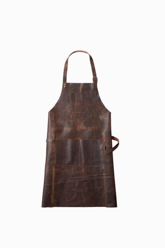Leather apron with chest pocket in dark brown – full front view by Genuine Strap
