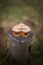 Wood Ring Box heart-shaped open showing natural moss interior wedding ring box by Genuine Strap