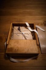 Wood USB box cotton open showing compartments with cotton flower and lavender