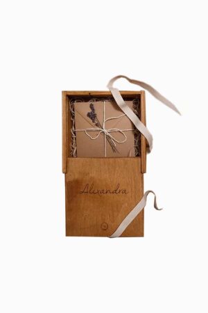 Wood USB box cotton closed with ribbon and bow – wedding photography packaging