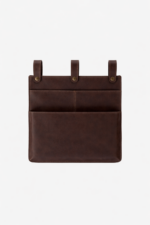 Dark brown leather wall pocket organizer with three hanging tabs on a light background
