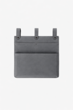 Gray leather wall pocket organizer with three hanging tabs on a light background.