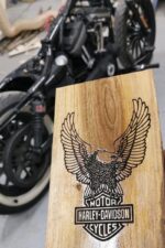 Harley Davidson Panoply – wooden skull sculpture full view