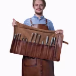 Knife holder professional 11s open and full – chef holding leather knife roll with 9 knives and 2 tools displayed