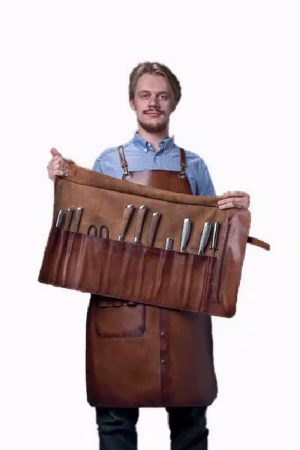 Knife holder professional 11s open and full – chef holding leather knife roll with 9 knives and 2 tools displayed