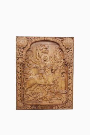 Saint George fighting the dragon – wood carved icon
