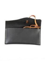 Black leather tobacco pouch detail view