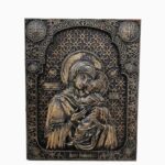 Virgin Mary holding in her arms the baby Jesus – wood carved icon front view