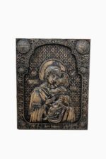 Virgin Mary holding in her arms the baby Jesus – wood carved icon front view
