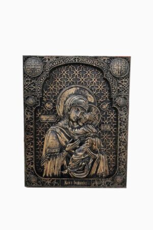 Virgin Mary holding in her arms the baby Jesus – wood carved icon front view