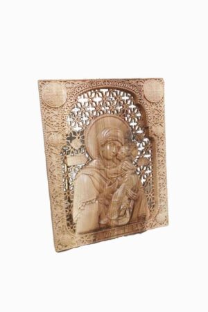 Virgin Mary holding the Child Jesus – cut background wood carved icon