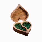 Wood Ring Box top view showing heart-shaped lid and laser-engraved logo
