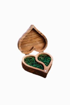 Wood Ring Box top view showing heart-shaped lid and laser-engraved logo