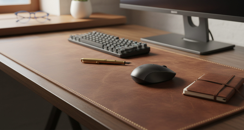 Full-grain leather desk pad with mouse, keyboard and pen on a wooden desk