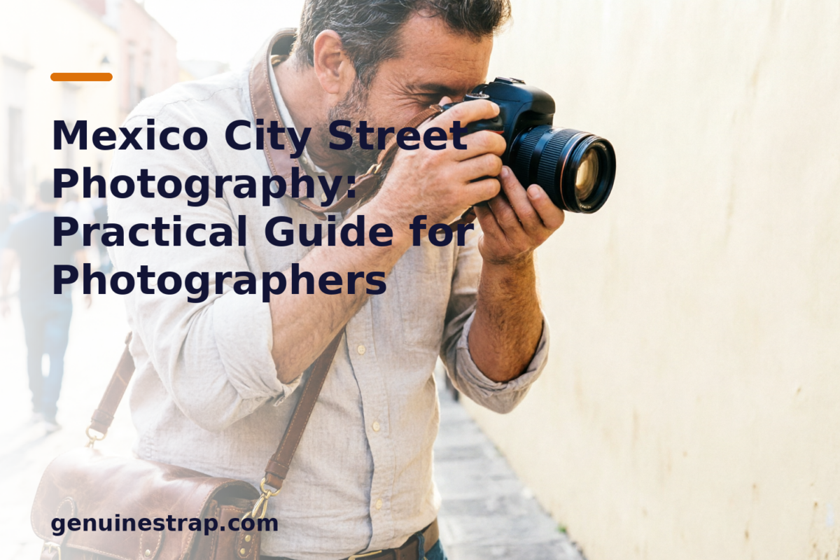 Street photographer in Mexico City with a leather camera strap