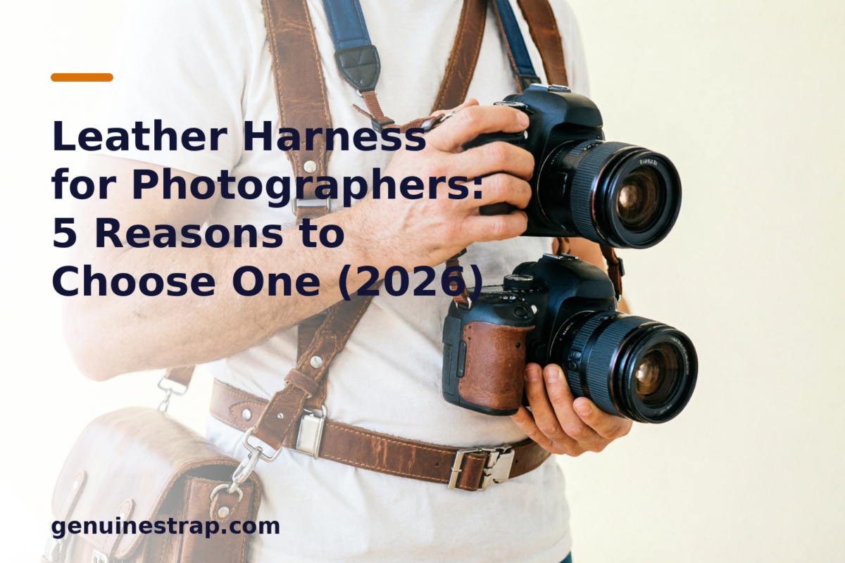 Professional photographer wearing a leather harness for dual camera