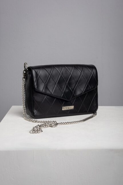 Black quilted leather chain crossbody bag front view