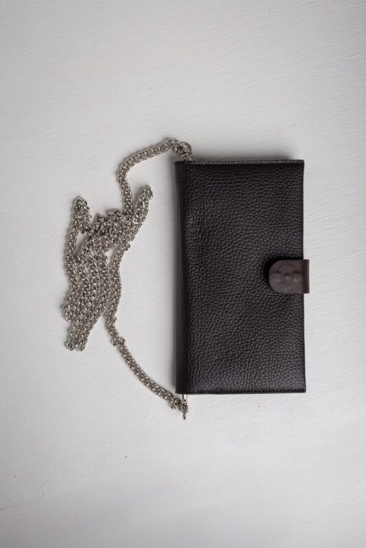 Dark brown leather wallet on chain front view with snap tab closure