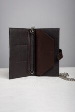 Interior of the dark brown leather long wallet with zip and card pockets