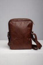 Back view of the mens brown leather crossbody messenger bag