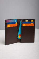 Leather bifold card wallet holding credit cards in its slots