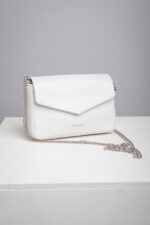 White leather chain crossbody bag with envelope flap front view