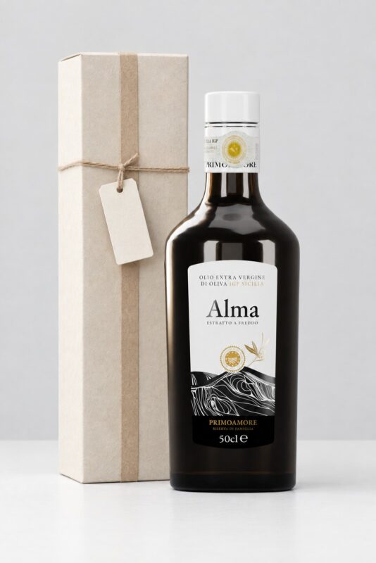 Top of the range favour, Alma IGP Sicily extra virgin olive oil 500 ml with gift box and card