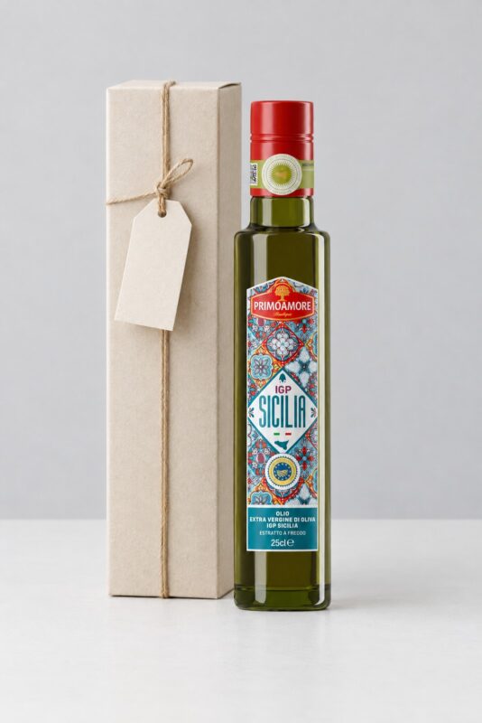 Gourmet favour, IGP Sicily extra virgin olive oil 250 ml with gift box and printed card