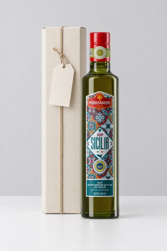 Olive oil favour, IGP Sicily extra virgin 500 ml Primoamore with gift box and printed card