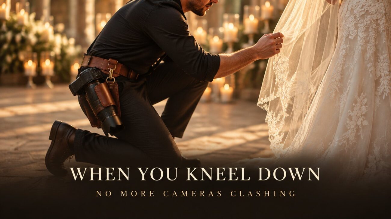 Photographer kneeling to fix the bride veil with the camera secured in a leather belt holster
