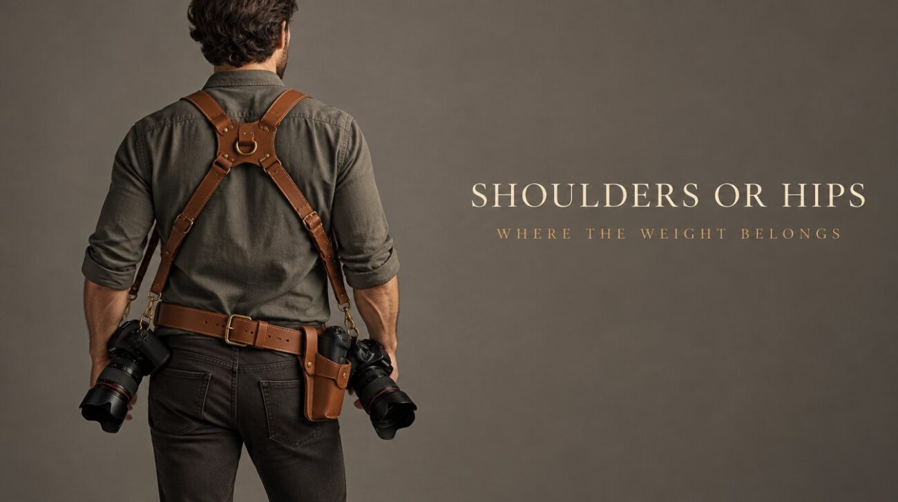Photographer from behind wearing a leather dual camera harness and a belt with holster
