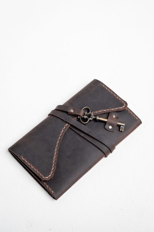Vintage brown leather tobacco pouch with bronze key GenuineStrap