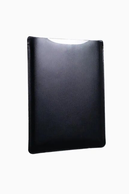 Black leather MacBook sleeve displayed at angle, showing jet-black leather finish, stitched edges, and protective padded form