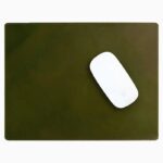 Olive green leather mouse pad with tone-on-tone perimeter stitching and rounded corners, with a white wireless mouse placed on the right side, top-down view on a white background.