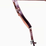Angled view of the Garioch single camera strap in dark brown leather showing length and hardware connection.